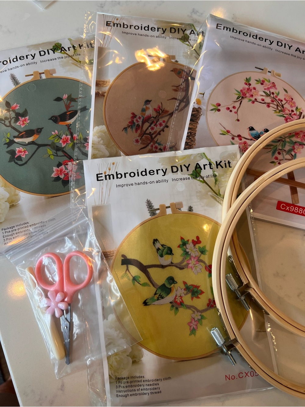 Amazon Embroidery DIY Art Kit - Yellow, Green, Pink Floral Bird Designs